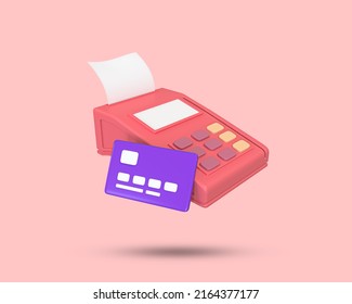 Credit Card And Debit Card Payment With Pos Machine 3D Icon. POS Point Of Sale Terminal For Credit Card Payment. Credit Card Swipe Machine . 3D Rendered Illustration.