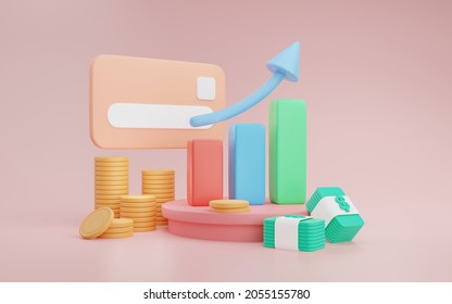 credit card. Do business online, trade stocks, Forex, crypto. Spending. The graph is an uptrend with a lot of coins and two piles of money. Pink background. 3D Render 3D Illustrations