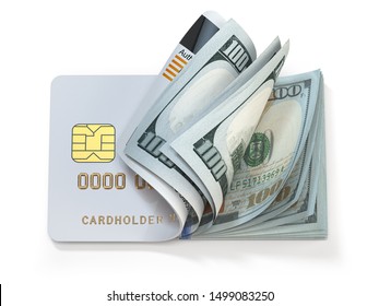 Credit Card And Dollar In Cash. Banking, Shopping Concept. Opening A Wallet Or Bank Account. 3d Illustration