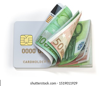 Credit Card And Euro In Cash. Banking, Shopping Concept. Opening A Wallet Or Bank Account In EU Europen Union. 3d Illustration