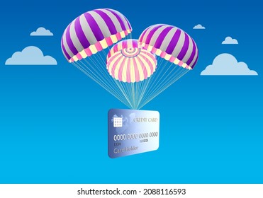 Credit card is flying by parachute. Parachute money. Bank card with delivery. Easy credit on the card. Stimulating lending. Borrowed money. 3d image
