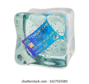 Credit Card Frozen In Ice Cube. Frozen Bank Account Concept, 3D Rendering Isolated On White Background