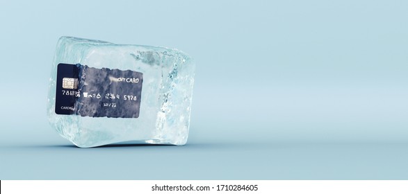 Credit Card Frozen In Ice Cube On Blue Background 3D Rendering, 3D Illustration