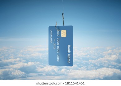 Credit card hanging on a hook on blue sky backgriund. Fraud and data  concept. 3D Rendering