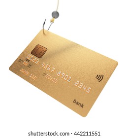 Credit card on fishing hook 3d illustration fraud concept