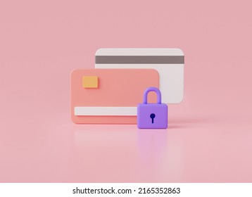 Credit Card With Padlock On Pink Background. Secure Credit Card Transaction. Debit ,credit Card, Lock Card, Business Finance, Online Payment. Payment Protection Concept. 3d Icon Rendering Illustration