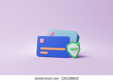 Credit Card With Password Protection Shield And Correct Mark On Purple Background. Credit Card Password Or Pin Security, Online Shopping Safety Concept. 3d Rendering