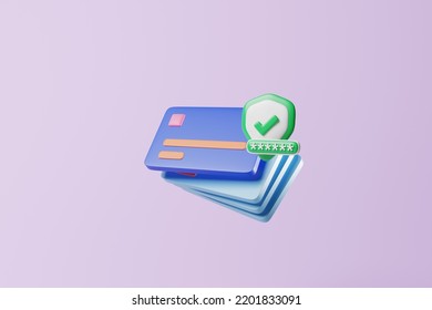 Credit Card With Password Protection Shield And Correct Mark On Purple Background. Credit Card Password Or Pin Security, Online Shopping Safety Concept. 3d Rendering