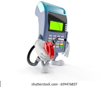 Credit Card Reader Character Holding Gasoline Nozzle Isolated On White Background. 3d Illustration