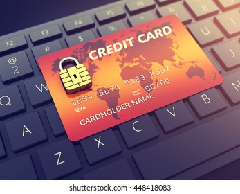 Credit card with security chip as padlock on a computer keyboard , Safe banking and online shopping , 3d illustration