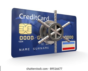 Credit Card With Steel Security Lock On White Background. 3d