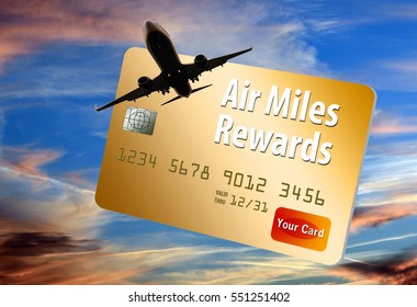 Credit Card That Provides Air Miles, Frequent Flier Miles And Rewards Is Shown With Airplane And Sky.