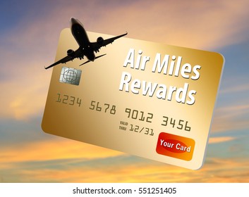 Credit Card That Provides Air Miles, Frequent Flier Miles And Rewards Is Shown With Airplane And Sky.