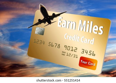 Credit Card That Provides Air Miles, Frequent Flier Miles And Rewards Is Shown With Airplane And Sky.