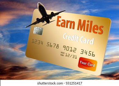 Credit Card That Provides Air Miles, Frequent Flier Miles And Rewards Is Shown With Airplane And Sky.