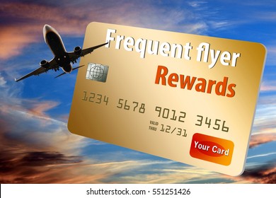 Credit Card That Provides Air Miles, Frequent Flier Miles And Rewards Is Shown With Airplane And Sky.