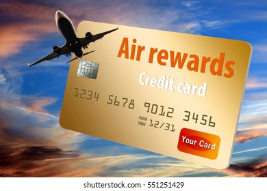 Credit Card That Provides Air Miles, Frequent Flier Miles And Rewards Is Shown With Airplane And Sky.