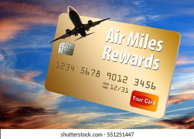 Credit Card That Provides Air Miles, Frequent Flier Miles And Rewards Is Shown With Airplane And Sky.