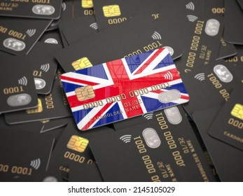 Credit Card With UK Great Britain Flag On A Pile Og Others Credit Cards. Bank Account In UK Bank Concept. 3d Illustration