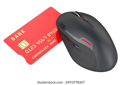 Credit card with Wireless Computer Mouse. Online shopping and banking concept. 3D rendering isolated on white background