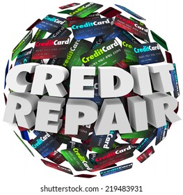 Credit Repair Words In White 3d Letters On A Ball Or Sphere Of Cards, Advice To Improve Or Increase Your Rating Or Score So You May Borrow Money Or Get Financing For Mortage Or Loan