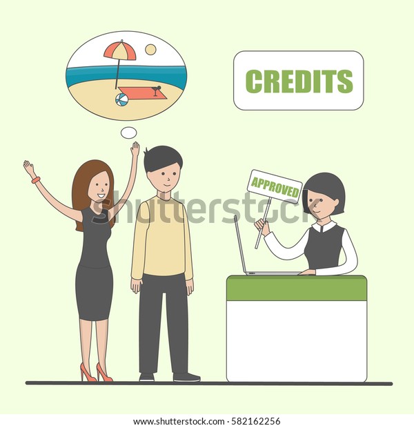 Credit service concept. Couple needs credit\
for vacations and\
travelling.