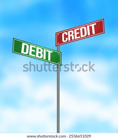 Credit Vs Debit difference on the signboard with Typography, background. Red and green signboard plates and sky in the backdrop