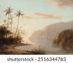 A Creek in St. Thomas (Virgin Islands) (1856) by Camille Pissarro. Creek with river and palm tree landscape. Vintage scenery art drawing illustration, old river stream evening painting art print.