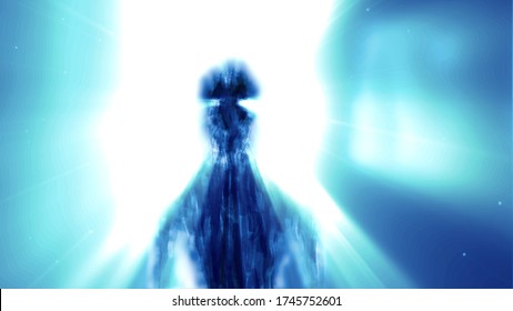 Creepy alien humanoid silhouette in rays of light standing in doorway. Illustration in genre of sci-fi horror. Blue background color.