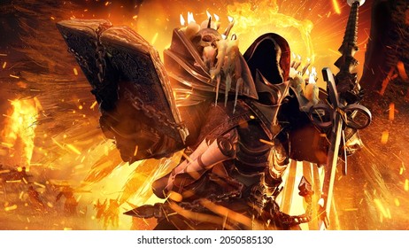 A Creepy Angel Of Death In A Hood With Darkness Inside, He Stands Ominously With A Huge Book In His Hands And A Sword In The Other, Behind Him Black Wings And A Fire Burning Sinners 3d Rendering