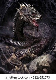 A Creepy Black Mutant Snake With Six Red Eyes, A Slobbery, Disgusting Mouth With A Hundred Sharp Curved Fangs, It Crawls Along A Dark Tunnel Strewn With Bones And Splattered With Slime. 2d Art 