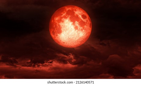 Creepy Blood Moon,red Moon,The Bloody Full Moon On The Clouds.Horror Moon 3D Rendering