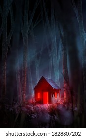 A Creepy Cabin In The Woods, With A Red Light Glowing Through The Door And Windows Set In A Misty Forest At Night. 3D Illustration