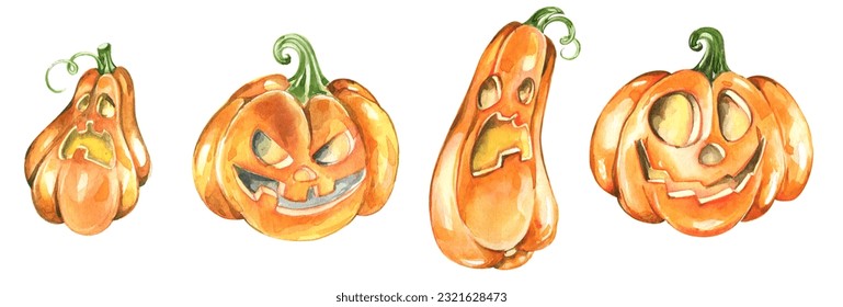 Creepy Cartoon Pumpkin Watercolor Illustration Set  cute pumpkin 