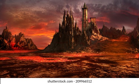 Creepy castle in the middle of a lava field