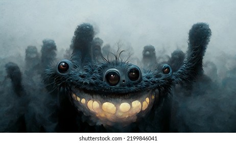 Creepy Creature With Many Eyes And Glowing Mouth.