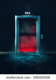 Creepy elevator with its doors open in a dark room. Hell gates concept. 3D Rendering, illustration.