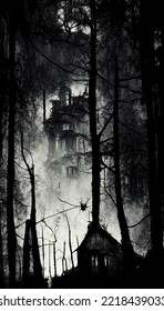 Creepy forest and abstract house black   white digital painting and tall old  weathered cabin in the background   tall mysterious horror forest and fog fairy tale place 