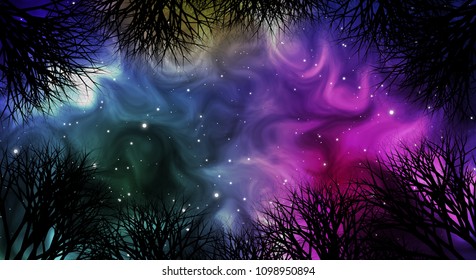 Creepy Forest Under Mysterious Fantasy Night Starry Sky Illustration Design Background.