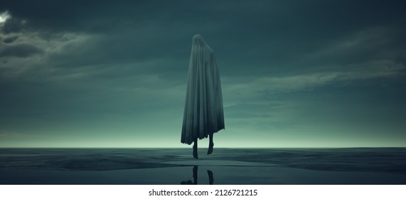 Creepy Ghost Floating Woman Sheet Wet Beach Body Snatcher Dusk Paranormal 3d illustration render