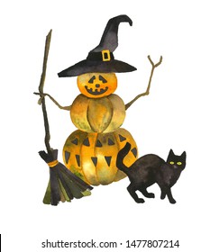 A Creepy Halloween Pumpkin Man Wearing A Black Hat Holding A Broomstick Accompanied By A Black Cat