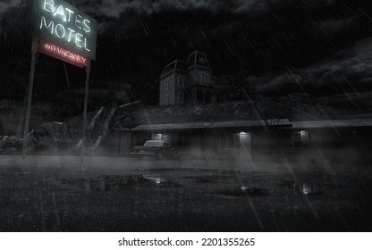 Creepy Haunted Motel By Night With Rain, Neon Sign And Parked Car. 3D Illustration