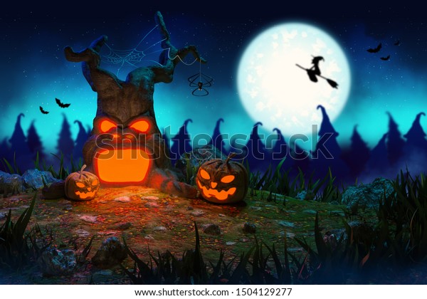 不気味な満月の夜に 悪魔の木とカボチャのモンスターが入った 不気味な 墓地の墓地霊園のシーン ハロウィーンのコンセプト用の3dレンダリングイラスト 背景 のイラスト素材