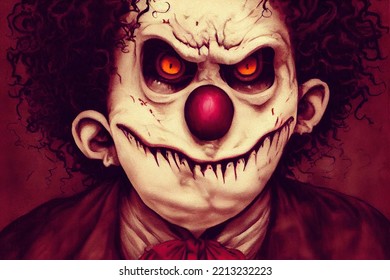 Creepy Horror Clown Old Vintage Style. Very Scary With Weird Mouth And Evil Red Eyes.