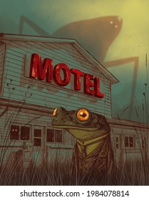 Creepy Illustration Of A Huge Monster In The Mist Above Country Motel. Spooky Poster. 