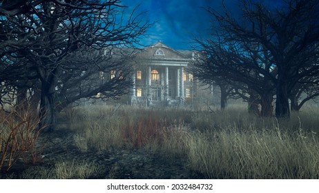 Creepy Looking Mansion House Seen Through Bare Trees In A Field Of Long Grass. Halloween Haunted House Concept 3D Illustration.