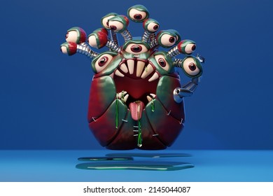 A creepy monster with a huge number of eyes and fangs, saliva flows, on a black background. 3D rendering