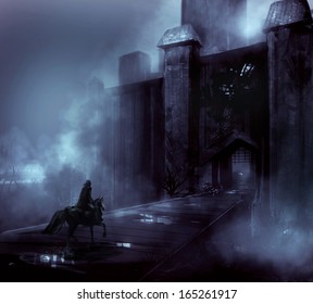 Creepy night castle with horseman riding on a fortress bridge.