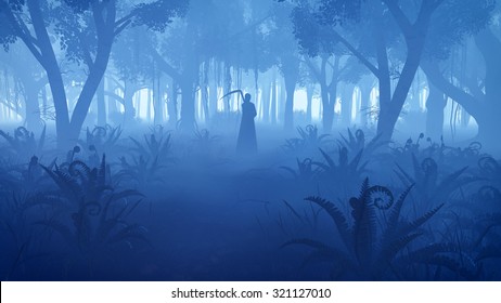Creepy Night Forest With Silhouette Of A Grim Reaper In The Distance. Realistic 3D Illustration Was Done From My Own 3D Rendering File.