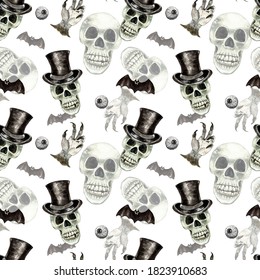 Creepy skull seamless pattern  Watercolor spooky Halloween illustration  Dead men hand  flying bats  skull in top hat white background  Print in vintage goth style  Design paper 